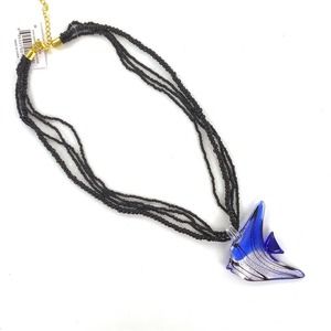 5/$25 Glass Angelfish Beaded Necklace Blue Silver Black